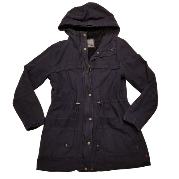 Levi's Women Navy Hooded Jacket Cotton Medium Sherpa Interior  Parka Coat Anorak - Picture 1 of 10